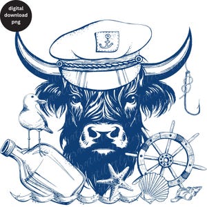 Pescador de estilo vintage de moda PNG, diseño de sublimación de vaca de las tierras altas náuticas, descarga digital estética de pescador, regalo de vaca Ocean Vibes PNG
