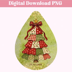 May include: A Christmas tree design in a teardrop shape. The tree is composed of layered sections in red, green, and white patterns, including hearts, gingham, and snowflakes. A red bow with a gold star tops the tree. The text "TIS THE SEASON" is at the bottom.