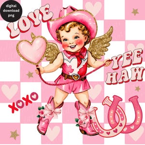 Süßes Cowgirl Amor Valentine PNG, Retro Valentine Png Sublimationsdesign, Mädchen Amor in Rosa Valentines XOXO Png, Kokette Valentinstag PNG