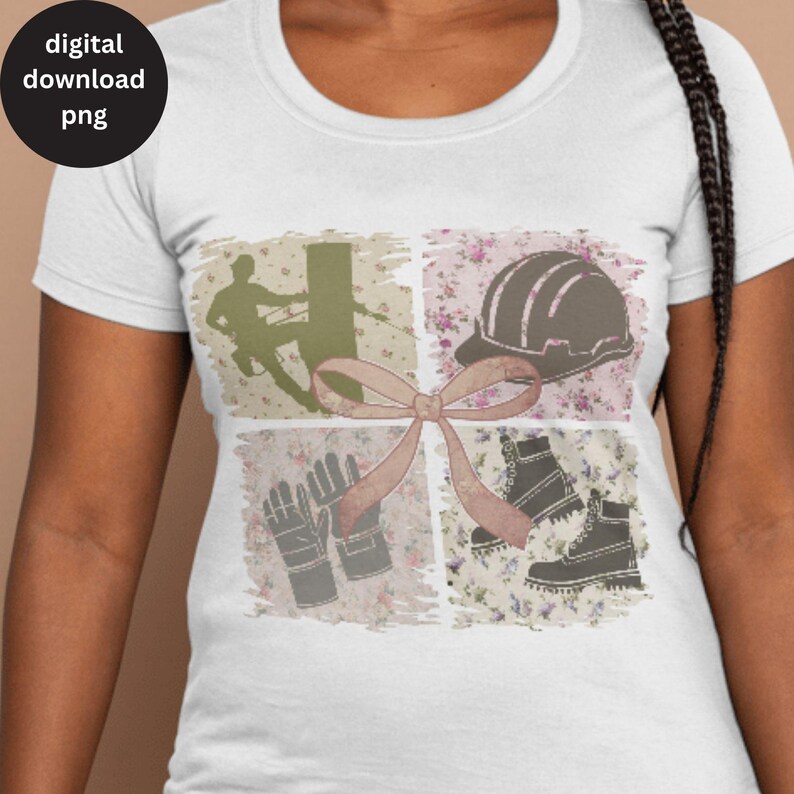 May include: A white t-shirt with a pink ribbon and a collage of images related to construction work. The images include a hard hat, work boots, gloves, and a silhouette of a person working on a power line.
