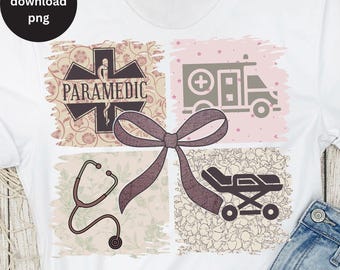 Paramedic PNG, EMT png, Paramedic Wife png, EMT Gift Sublimation Design, Coquette Bow, First Responder png, He's Working Brushstroke Grid