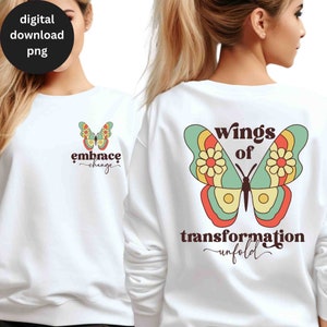 Frente e verso Retro Butterfly Shirt PNG, Design de sublimação de autodesenvolvimento, Amor próprio png, Design de bolso motivacional inspirador PNG
