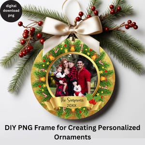 Ornement rond de famille de Noël bricolage PNG, conception d'ornement de cadeau de Noël, modèle personnalisé de sublimation de famille de Noël de photo, téléchargement immédiat