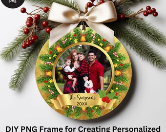 May include: Gold Christmas ornament with a wreath of green pine branches, red berries, and gold bells. A photo of a family is in the center of the wreath. The text "The Simpsons 20XX" is on a gold ribbon.