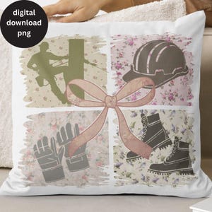 May include: A white pillow with a pink bow and four squares. Each square has a different image: a person climbing a pole, a hard hat, work gloves, and work boots. The background of each square is a floral pattern.