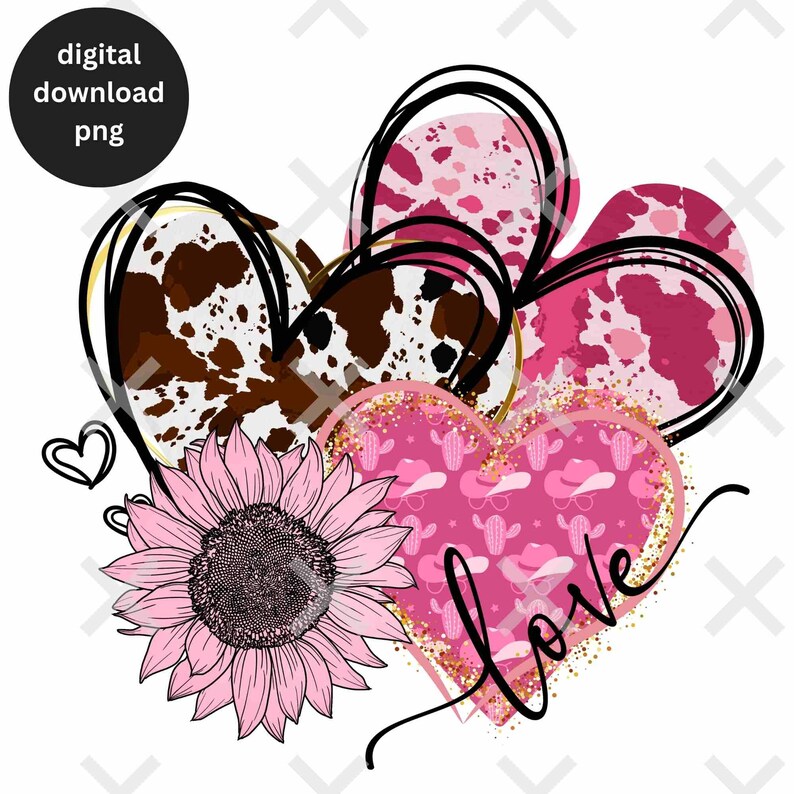 Puede incluir: Tres corazones rosas con diferentes patrones, incluyendo piel de vaca, cactus y sombreros de vaquero, y purpurina. Un girasol rosa se encuentra en la esquina inferior izquierda. La palabra "love" est&aacute; escrita en purpurina dorada en el coraz&oacute;n inferior derecho.