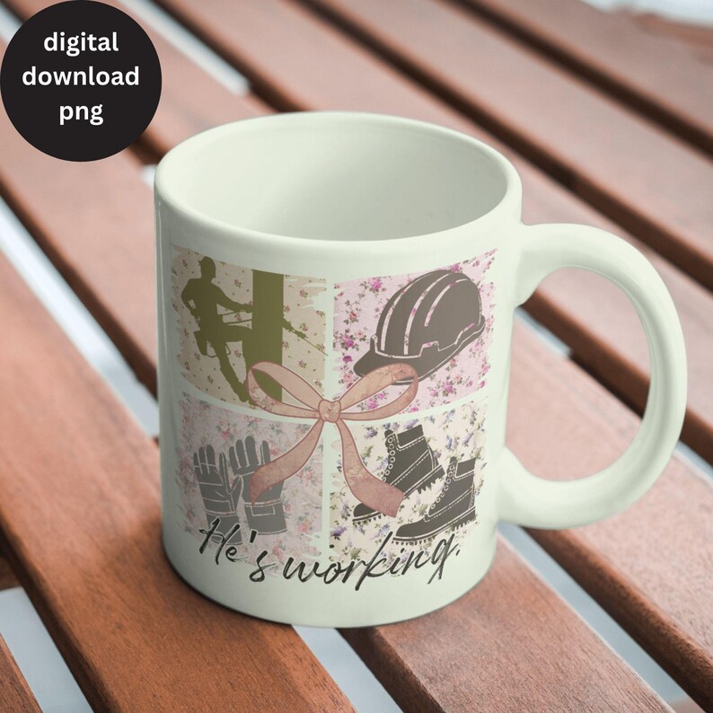 May include: White ceramic mug with a collage design featuring a silhouette of a person climbing a pole, a hard hat, work gloves, and boots. The mug has the text "He's working." printed on the bottom.