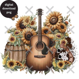 Guitare tournesol png, western png, amateur de musique country, sud png, téléchargements de modèles pour sublimation, sublimation occidentale, musique country PNG