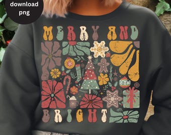 Sublimación alegre y brillante Boho Floral Navidad PNG Retro Navidad PNG Sublimación de Navidad Boho Árbol de Navidad PNG Navidad femenina PNG