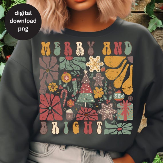 Merry and Bright Sublimation Boho Floral Christmas Png Retro Christmas Png Boho Christmas Sublimation Christmas Tree png Girly Christmas png