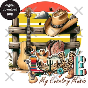 J'aime ma musique country png, Amateur de musique country occidentale, png du Sud, Téléchargements de modèles pour sublimation, Sublimation occidentale, Guitare country PNG