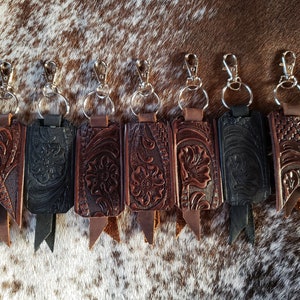 Handmade Tooled Leather Keychains Braided Leather Strap Silver Metal Snap Clasp Western Brown Black Floral Print Handcrafted Accessories