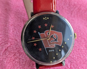 Soviet Zarya Mechanical Wrist Watch – USSR Flag Dial Rare Vintage Russian Watch 1980s Collectible