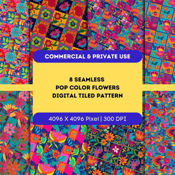 Floral Seamless Tile Pattern - Vibrant and Vivid Colors - Pop Art, Pop Flower Pattern, Tile Flowers