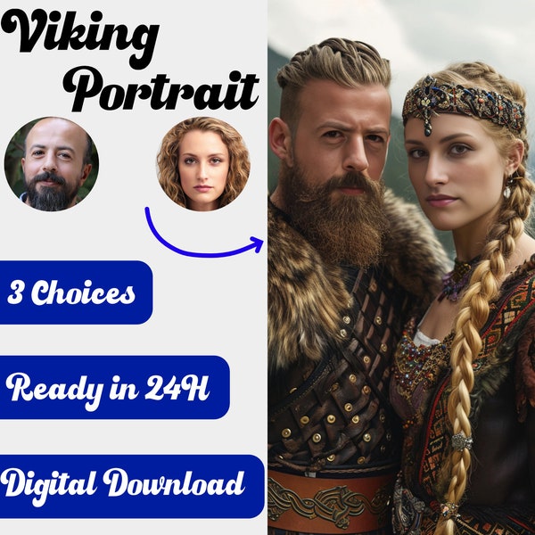 Aangepaste Viking-paarportretten - Unieke aangepaste digitale kunst – Viking-paar – Perfect cadeau voor dierbaren – Downloadbare afbeelding van hoge kwaliteit