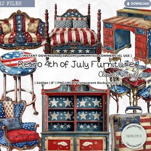 Retro 4 juli meubels clipart, vintage, patriottisch, blauw rood witte sterren streep Amerikaanse vlag, aquarel, png plakboek junk Journal