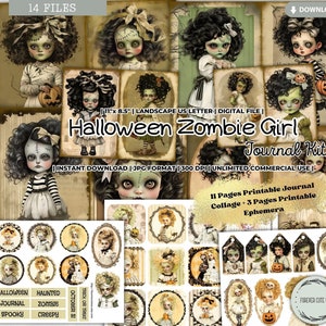 Kit de diario basura de Halloween de niña zombi, papeles imprimibles, terror, efímeras, etiquetas, calcomanías, rótulos, palabras, niña, álbumes de recortes, descarga digital