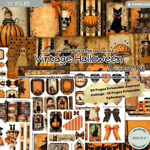 Vintage Halloween Junk Journal Kit, Printable Papers, Pages, Scrapbooking, Card making, Tags, Label, Pocket, Sticker, Ephemera, Digital