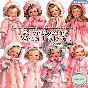 Vintage Pink Winter Little Girl Clipart Bundle, Watercolor Pink Christmas Clipart, Pink Holiday, Retro, Doll, Dolly, Paper Doll, Baby, Png