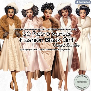 Pacchetto di clipart di ragazze nere alla moda invernale retrò, afroamericane, festività, Natale, travestimenti, moda, pianificatore, africane, vintage, bambola di carta