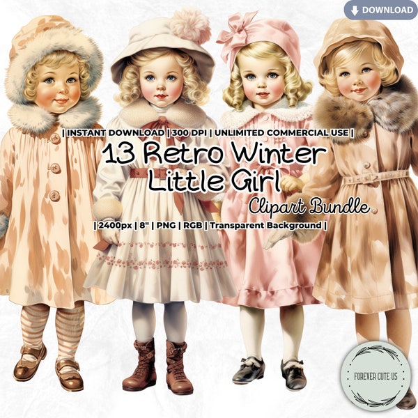 Retro Winter Little Girl Clipart Set, Classic, Christmas, Holidays, Coat, Hat, Nostalgic, Dress Up, Fashion, Planner, Vintage, Paper Doll