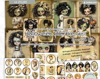 Halloween Zombie Girl Junk Journal Kit, Printable Papers, Horror, Ephemera, Label, Sticker, Tag, Words, Girl, Scrapbooking, Digital Download