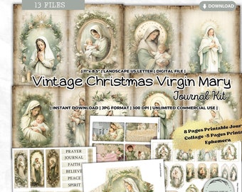 Vintage Christmas Virgin Mary Junk Journal Kit, Collage, Ephemera, Winter, Catholic, Grace, Prayer, Gratitude, Religious, Digital Paper