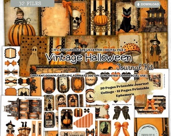 Vintage Halloween Junk Journal Kit, Printable Papers, Pages, Scrapbooking, Card making, Tags, Label, Pocket, Sticker, Ephemera, Digital