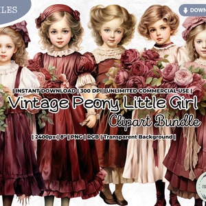 Set di clipart vintage per bambine con peonie, bambola di carta, bordeaux, moda, vittoriano, antico, PNG, scrapbooking, diario di carta artigianale