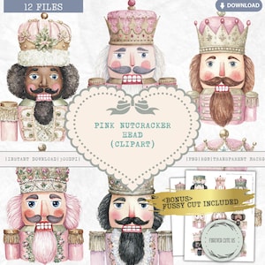 Paquete de imágenes prediseñadas de cabeza de cascanueces rosa, PNG navideño pastel, imágenes prediseñadas navideñas, Navidad en acuarela, Cascanueces afro negro, Diario basura