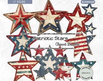 Patriotic Stars Clipart, Retro, Vintage, Distressed 4th of July, Blue Red White Stripe American Flag Watercolor, PNG Scrapbook Junk Journal