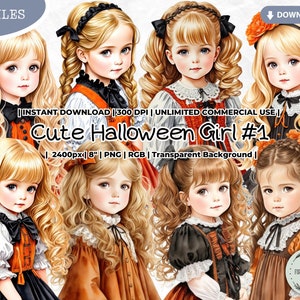 Conjunto de clipart fofo para meninas de Halloween, outono, ação de graças, era vitoriana, moda, boneca, scrapbook digital para impressão PNG, diário de lixo