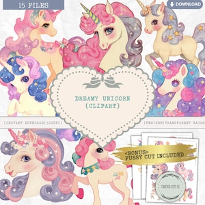 Clipart de unicornio de ensueño, acuarela pastel, linda caricatura de Chibi, kawaii, mágico, caprichoso, decoración de fiesta de guardería, sublimación PNG para álbumes de recortes