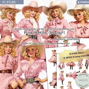 Clipart de vaquera retro rosa, vintage, occidental, navidad, vaquero, sombrero, bota, imprimible, corte quisquilloso, PNG, álbum de recortes, diario basura, FOREVERCUTEUS