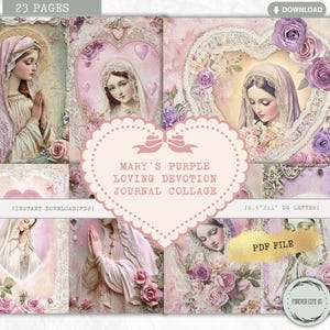 Mary's Purple Loving Devotion Junk Journal Collage Sheet, Mother Mary, Catholic, Peace, Prayer, Gratitude, Religious Virgin, Printable Paper
