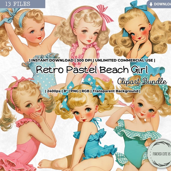 Retro Pastel Beach Girl Clipart, Summer, Coastal, Pool Party, Swimwear, Swimsuit, Beachwear, Vintage, PNG, Scrapbook Junk Journal Paper