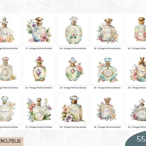 May include: A set of 30 digital illustrations of vintage perfume bottles with floral accents. The bottles are in various shapes and sizes, and the flowers are in a variety of colors, including pink, blue, and yellow.