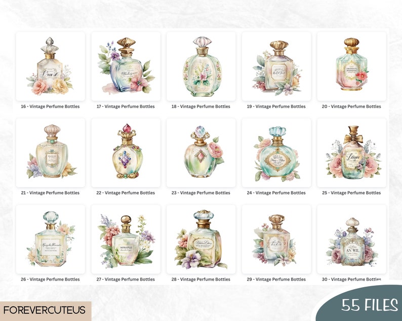 May include: A set of 30 digital illustrations of vintage perfume bottles with floral accents. The bottles are in various shapes and sizes, and the flowers are in a variety of colors, including pink, blue, and yellow.