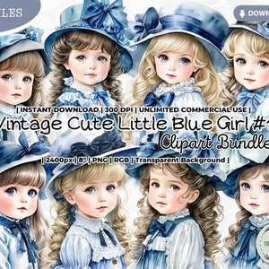 Vintage niedliche kleine blaue Mädchen Clipart Bundle, Viktorianische Ära, Hut, Retro, Kawaii, Puppe, Mode, Dolly, Academia Aesthetic, PNG, Junk Journal