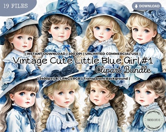 Vintage Cute Little Blue Girl Clipart Bundle, Victorian Era, Hat, Retro, Kawaii, Doll, Fashion, Dolly, Academia Aesthetic, PNG, Junk Journal