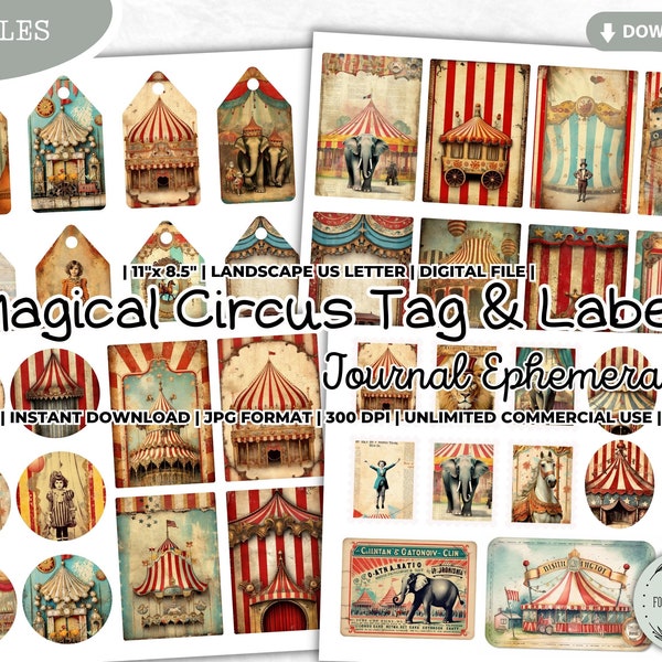 Magical Circus Memories Junk Journal Tag, Label, Sticker, Stamp, Ticket, ATC Card, Fun Fair, Vintage, Carousel, Carnival / ForeverCuteUS
