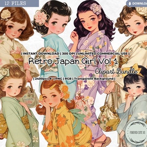 Retro Japan Mädchen Clipart Bundle, Kawaii, Asiatisch, Sommer Festival, Matsuri, Kimono, Yukata, Mode, Papierpuppe, Mode, Vintage, PNG Journal