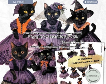 Purple Dress Black Cat Clipart Set, Halloween, Witch, Fall, Autumn, Vintage, Retro, Digital Sticker, Printable PNG Scrapbook Junk Journal