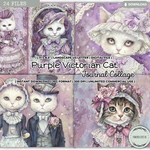 Lot de feuilles de collage pour carnet de notes avec chat victorien violet, chaton, pastel, vintage, rose, imprimable, shabby chic, scrapbooking, papiers numériques