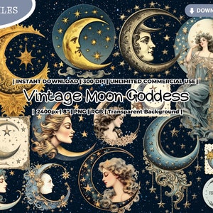 Clipart déesse lune vintage, motifs lunaires, clair de lune, étoile, victorien, aquarelle, PNG, céleste, journal indésirable, travaux manuels en papier pour Scrapbooking