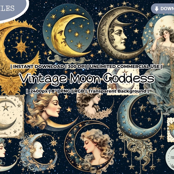 Vintage Moon Goddess Clipart, Moon Motifs, Moonlight, Star, Victorian, Watercolor, PNG, Celestial, Junk Journal, Paper Crafts Scrapbooking
