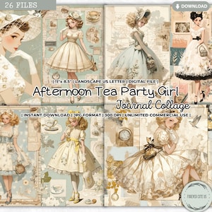 Collage de diario de chica para la fiesta del té de la tarde, retro, té de la tarde, postres, taza de té, manga, lindo, kawaii, shabby chic, papel imprimible para diario basura