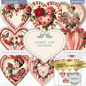 Imágenes prediseñadas de amor campestre, día de San Valentín, corazón y rosas, botón con forma de corazón, broche, amor, boda, dulce, vintage, antiguo, shabby chic, PNG
