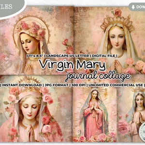 Virgin Mary Junk Journal Collage Sheet, Mother Mary, Catholic, Christian, Grace, Prayer, Gratitude, Religious, Shabby, Pastel, Digital Paper
