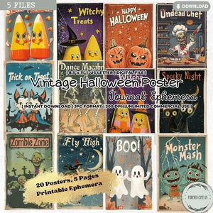 Kit de efímeras de diario basura con póster de Halloween vintage, retro, papeles imprimibles, páginas, álbumes de recortes, fabricación de tarjetas, etiquetas, postales, ATC, digital